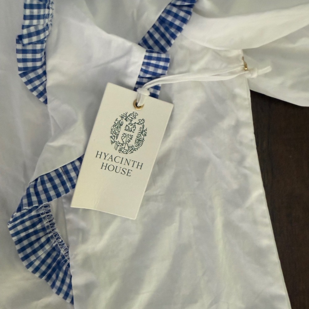 Hyacinth House Tuckernuck White Gingham Ruffle Poplin Blouse Blue Trim Large NEW - Picture 5 of 8